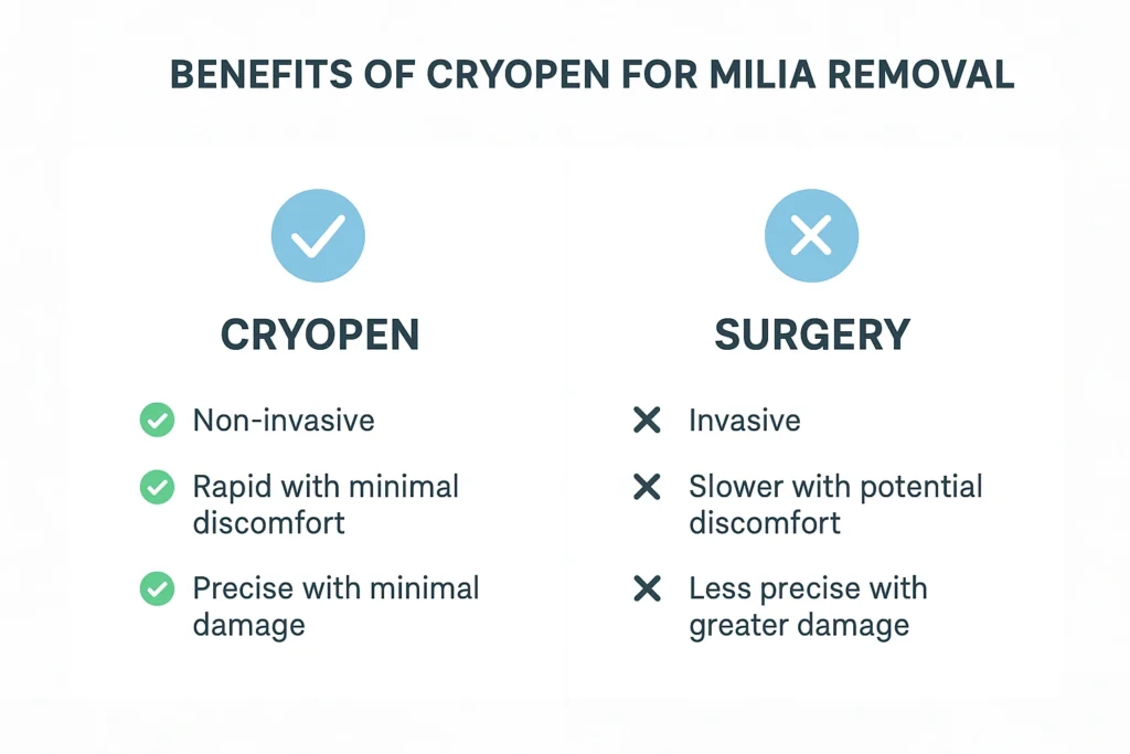 Benefits of cryopen for milia removal Greater London (Kensington and Chelsea) compared to surgical treatments.