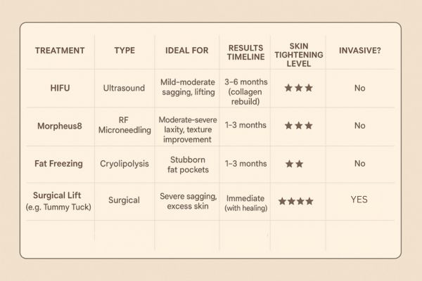 Table showing the comparisons of Skin tightening Greater London (Kensington and Chelsea) treatment options. 
